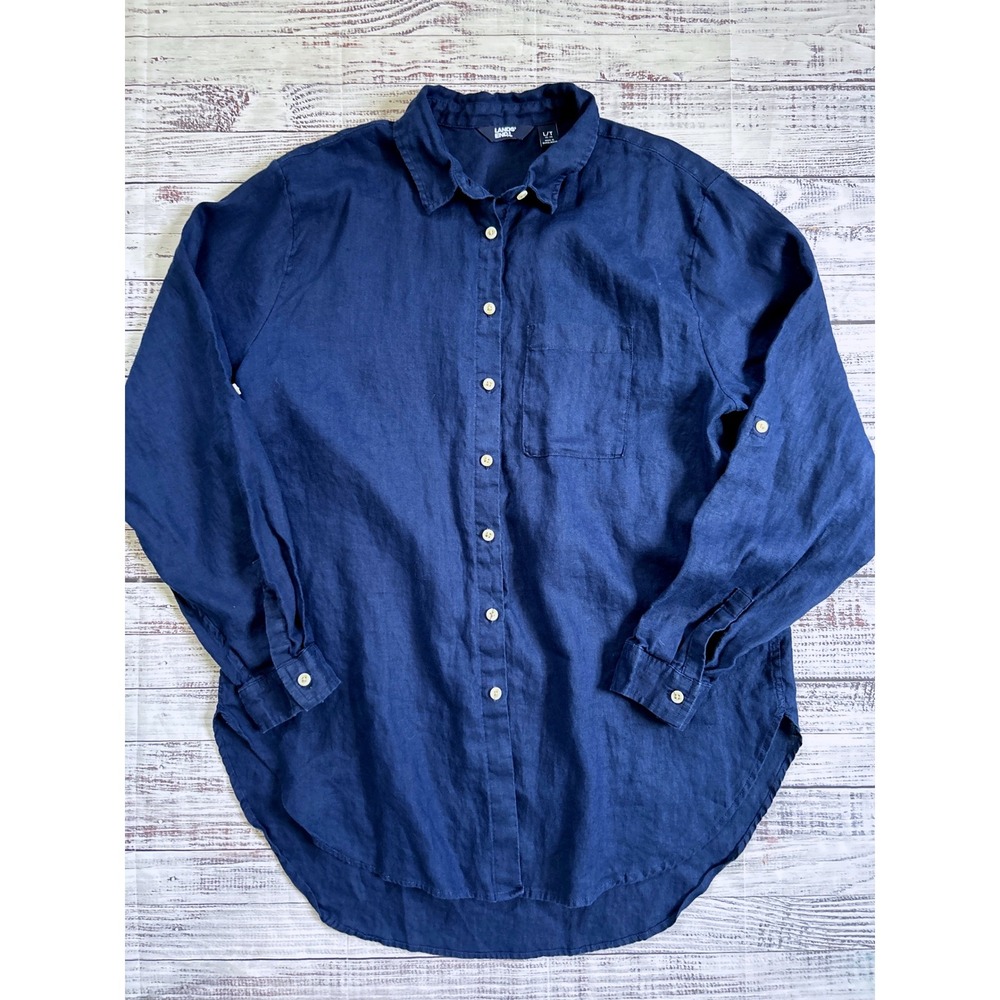 Lands End Button Down Shirt Womens L/T 14-16 Navy Blue 100% Linen Long Sleeve